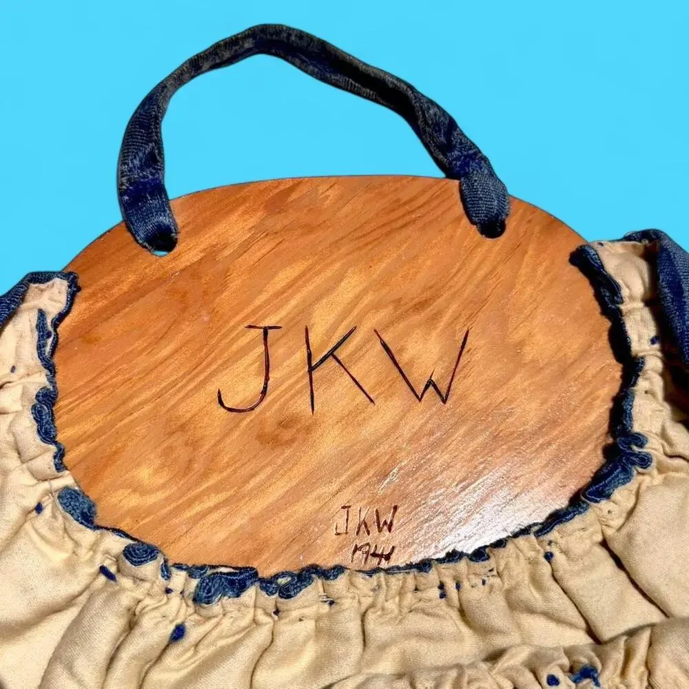 `1940s blue handmade silk tapestry novelty dog crescent shaped handbag